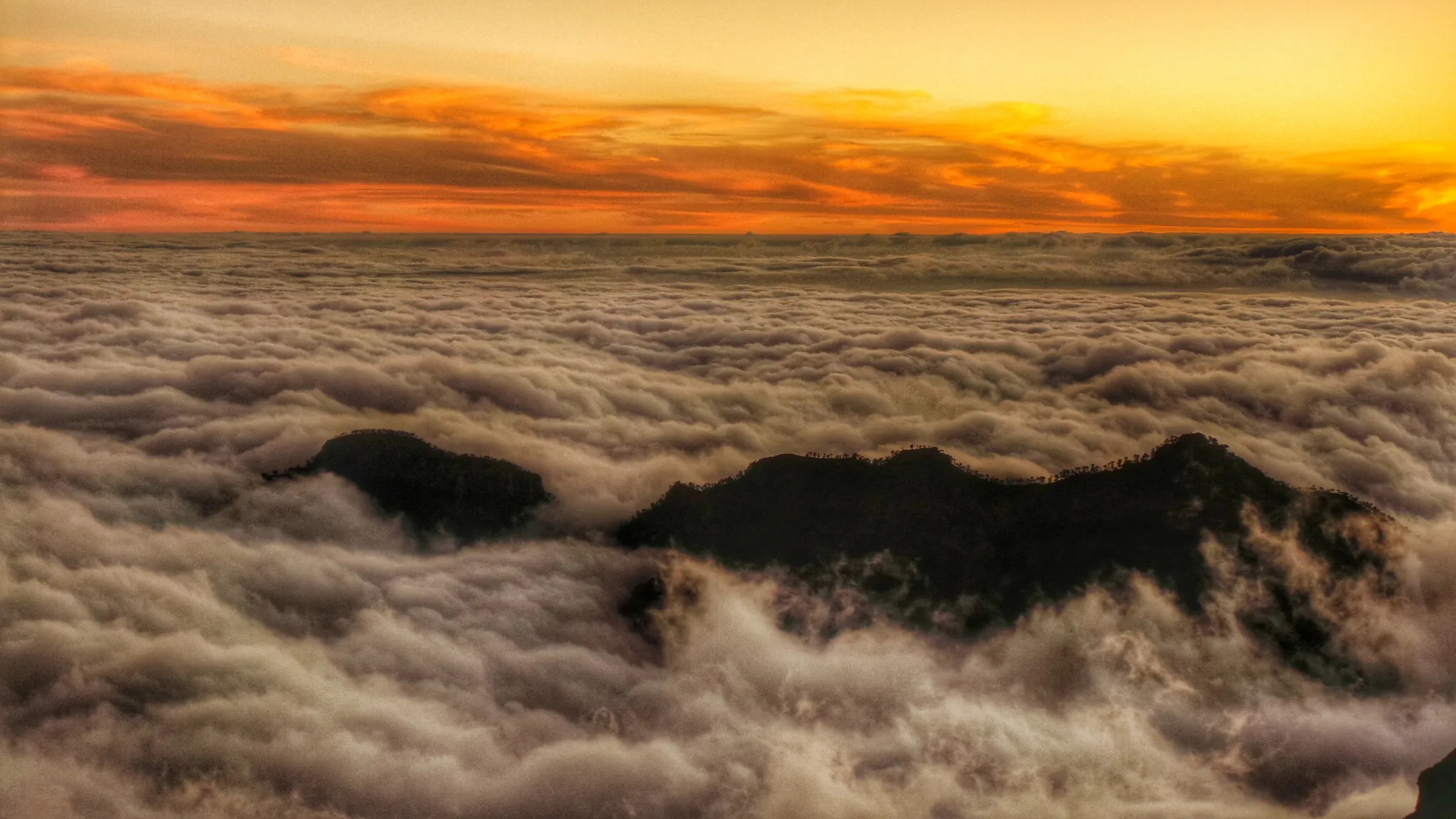 Un mar de nubes encendido de naranja al ponerse el sol, con las crestas oscuras de las cumbres asomando entre la niebla.